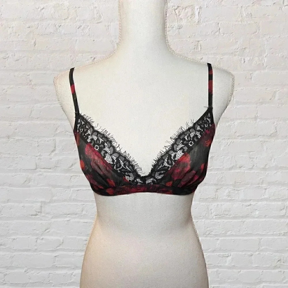 SecretPossessions Black Bra in Pink Orange and Black with Floral Print Size Sma 